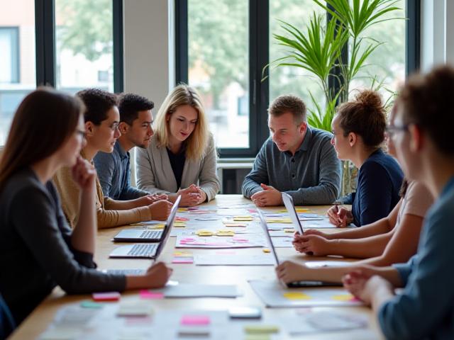 Un groupe de professionnels travaillant en collaboration lors d'un atelier d'innovation, utilisant des post-it et des tableaux blancs pour des séances de brainstorming.